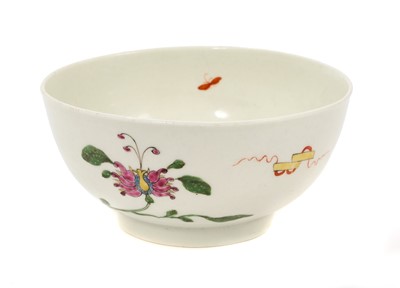 Lot 1 - A Worcester Hibiscus pattern bowl, circa 1752-54, with ribboned emblem, large honeysuckle flower, trailing vines and an insect, the interior with floral sprigs and insects, 12cm diameter ...
