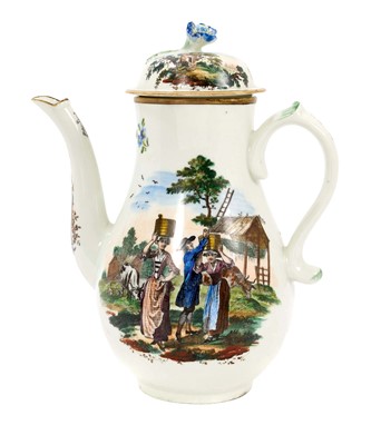 Lot 218 - A Worcester coffee pot and cover, circa 1770, printed with the Milkmaids pattern to one side, the reverse with a milking scene, later coloured with polychrome enamels, overglaze blue crossed swo...