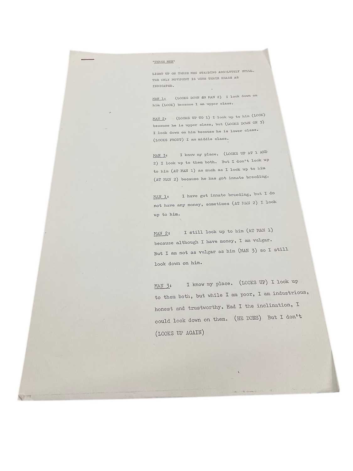 Lot 1439 - Original script by Marty Feldman and John Law for the Frost Report for 'Three Men' featuring John Cleese, Ronnie Barker and Ronnie Corbett. Provenance: Josephine Tewson Collection
