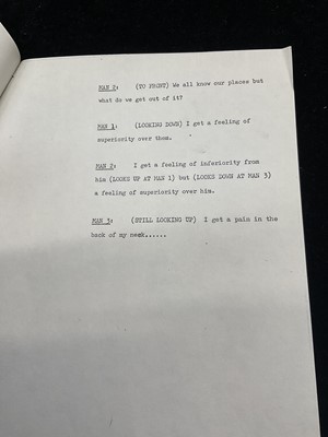 Lot 1439 - Original script by Marty Feldman and John Law for the Frost Report for 'Three Men' featuring John Cleese, Ronnie Barker and Ronnie Corbett. Provenance: Josephine Tewson Collection