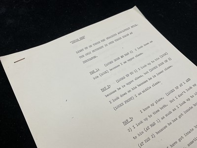 Lot 1439 - Original script by Marty Feldman and John Law for the Frost Report for 'Three Men' featuring John Cleese, Ronnie Barker and Ronnie Corbett. Provenance: Josephine Tewson Collection