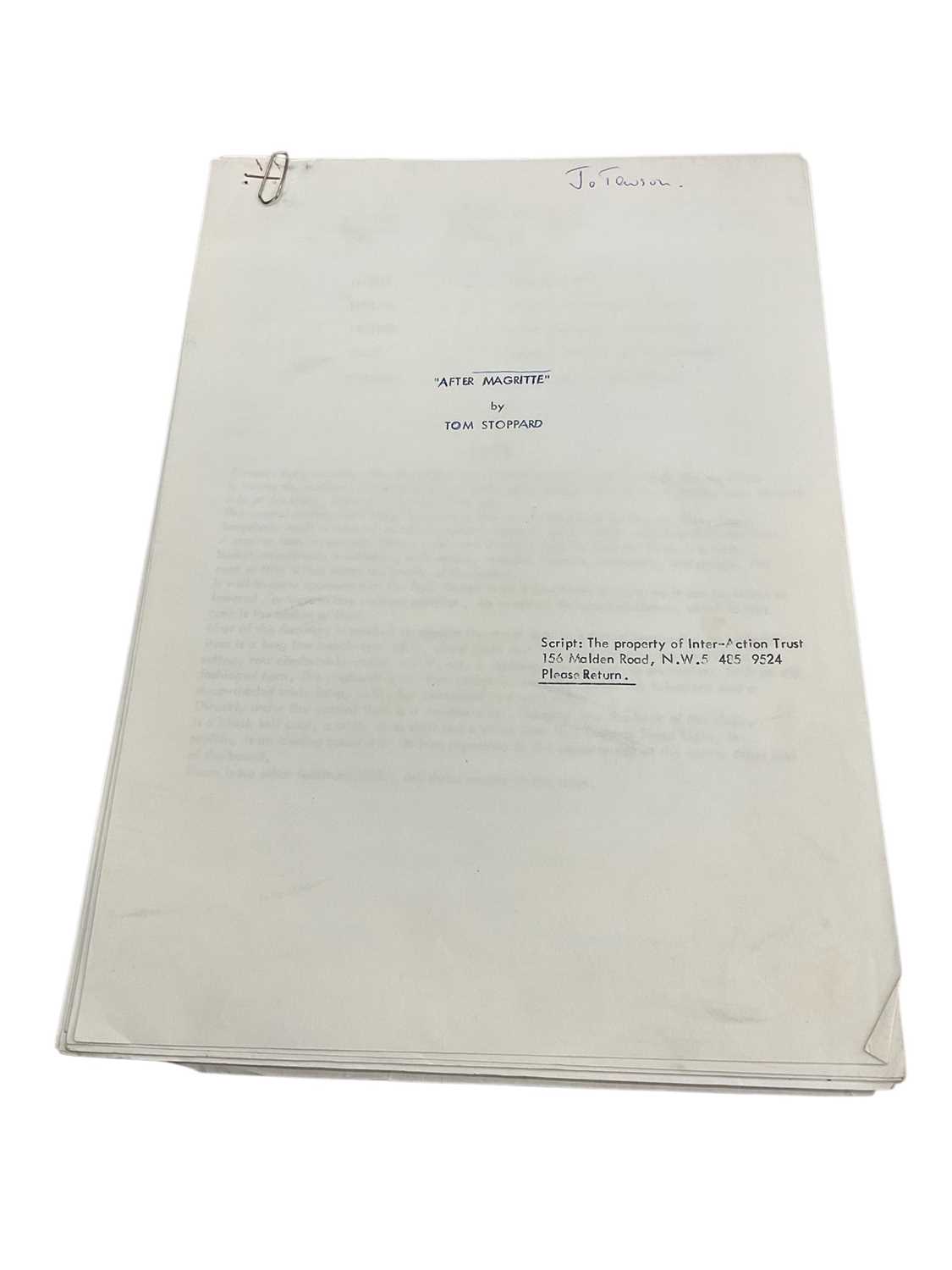Lot 1452 - Original Script for After Magritte by Tom Stoppard. Provenance: Josephine Tewson Collection (Original cast member)