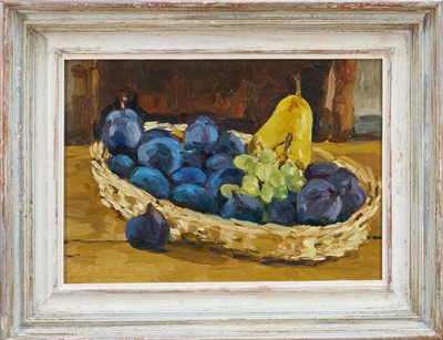 Lot 1254 - Doris Lurot Betjeman (1915-2012) oil on canvas - Prunes, Figues et une Poire, 1994, signed and dated, 25cm x 35cm, framed