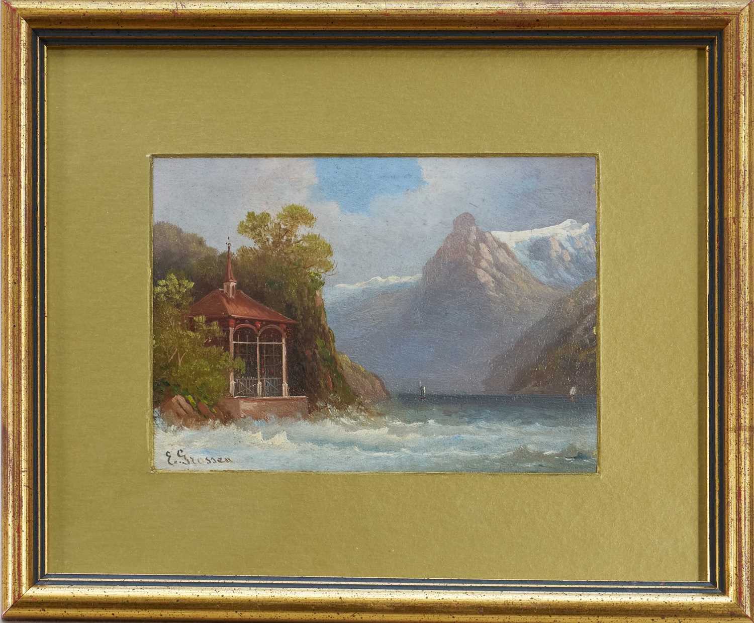 Lot 142 - E. Grossen, pair of late 19th century oils on board of Swiss landscapes, 11cm x 15cm, and a similar...