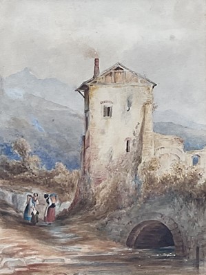 Lot 6 - Robert Smirke 19th century watercolour, figures in a continental landscape, 14.5cm x11cm, in glazed frame