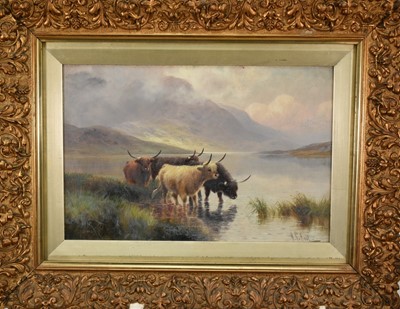 Lot 1250 - H. R. Hall (fl. c.1875-c.1902) early 20th century pair of oils on canvas - Highland Cattle, signed, inscribed verso, 30cm x 45.5cm, in gilt frames