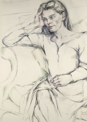 Lot 5247 - Plunkett, watercolour - Portrait of Victoria Countess Spencer (nee Aitken) dated 1993 at Althorp, former wife of Charles Spencer, signed and dated, 75cm x 55cm, in glazed frame