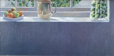 Lot 297 - P. J. Lyons, oil on canvas - 'Plate of Fruit, Jug and Curtain', 1985, signed, titled and dated verso, landscape verso, 30cm x 60cm, framed