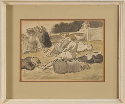 Lot 1253 - *Edward Ardizzone (1900-1979) watercolour - ‘Londoners on the beach at Southend’, signed with initials, titled verso, 18cm x 25cm, in glazed frame
