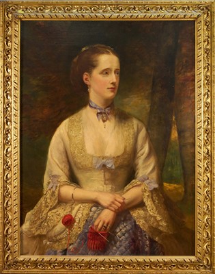 Lot 1249 - English School, 19th century oil on canvas - Half-length Portrait of a Lady knitting, signed with monogram and dated 1871, 100cm x 75cm, in gilt frame