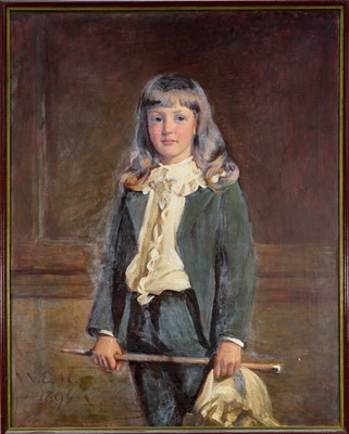 Lot 1256 - English School, late 19th century oil on canvas - Portrait of a Child with a cane, signed W.E.M. 1894, 97cm x 76cm, framed