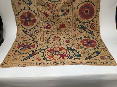 Lot 2050 - Antique embroidered Suzani with scrolling foliage on cream ground