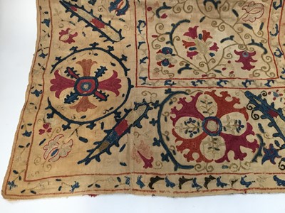Lot 2050 - Antique embroidered Suzani with scrolling foliage on cream ground