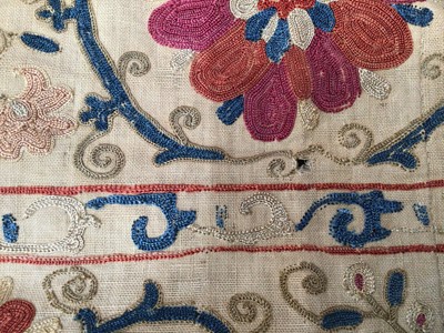 Lot 2050 - Antique embroidered Suzani with scrolling foliage on cream ground