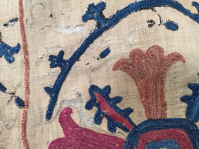 Lot 2050 - Antique embroidered Suzani with scrolling foliage on cream ground