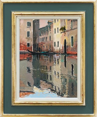 Lot 1251 - *Jeremy Barlow (1945-2020) oil on board - Canareggio, Venice, signed, exhibition label verso, 38cm x 28cm, framed