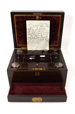 Lot 886 - 19th century rosewood dressing table box, extensively fitted with silver mounted jars etc