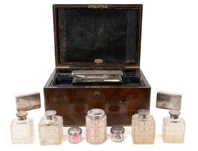 Lot 923 - Early Victorian burr walnut dressing table box, by Asprey with silver fittings