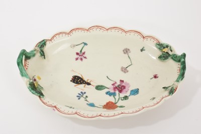 Lot 26 - A Worcester dish, circa 1770, painted in the Astley or Harvest Bug pattern, with flower and stem moulded handles, red-enamelled edge, 16.25cm wide Ex Wells collection