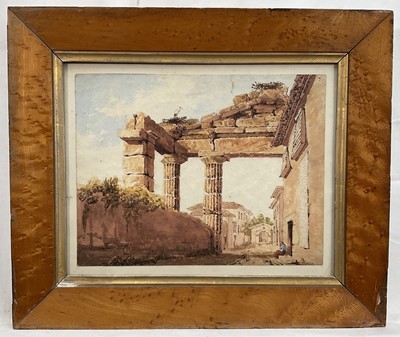 Lot 4 - 19th century Grand Tour watercolour depicting ancient ruins, 19cm x 25cm, dated 1844 to reverse, in glazed maple frame.