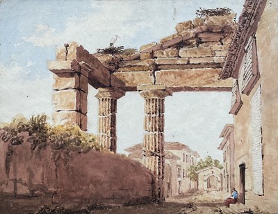 Lot 4 - 19th century Grand Tour watercolour depicting ancient ruins, 19cm x 25cm, dated 1844 to reverse, in glazed maple frame.