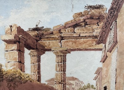 Lot 4 - 19th century Grand Tour watercolour depicting ancient ruins, 19cm x 25cm, dated 1844 to reverse, in glazed maple frame.