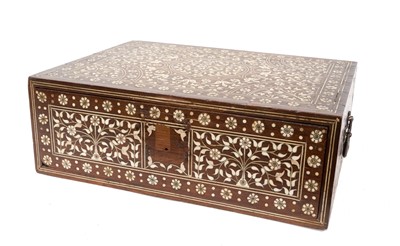 Lot 927 - 19th century Anglo-Indian Vizagapatem teak and ivory inlaid box with single drawer