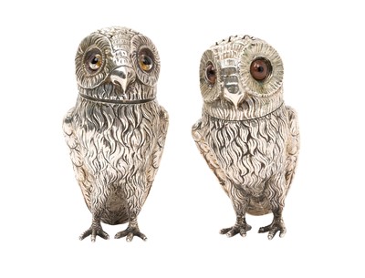 Lot 253 - Pair of unmarked silver owl pepperettes