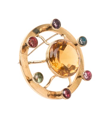 Lot 16 - Victorian yellow metal cairngorm and multi-gem kilt pendant/brooch