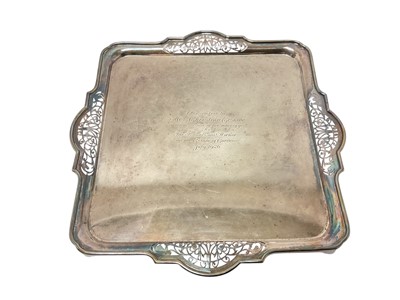 Lot 288 - Early 20th century silver shaped square tray with inscription