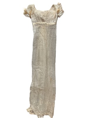 Lot 2051 - Late 18th century embroidered white muslin wedding dress, veil and matching items. Worn by Countess of Mansfield 1797.