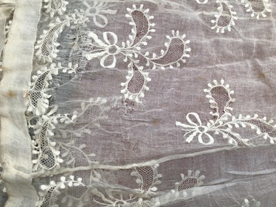 Lot 2051 - Late 18th century embroidered white muslin wedding dress, veil and matching items. Worn by Countess of Mansfield 1797.