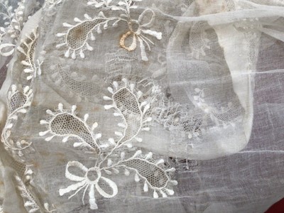 Lot 2051 - Late 18th century embroidered white muslin wedding dress, veil and matching items. Worn by Countess of Mansfield 1797.