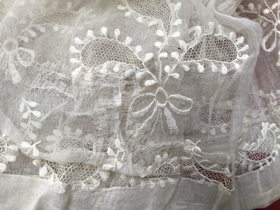 Lot 2051 - Late 18th century embroidered white muslin wedding dress, veil and matching items. Worn by Countess of Mansfield 1797.