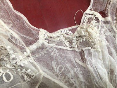 Lot 2051 - Late 18th century embroidered white muslin wedding dress, veil and matching items. Worn by Countess of Mansfield 1797.