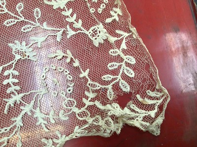 Lot 2051 - Late 18th century embroidered white muslin wedding dress, veil and matching items. Worn by Countess of Mansfield 1797.
