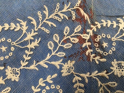 Lot 2051 - Late 18th century embroidered white muslin wedding dress, veil and matching items. Worn by Countess of Mansfield 1797.