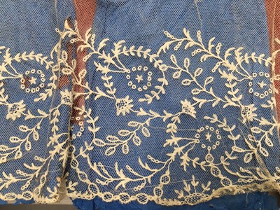 Lot 2051 - Late 18th century embroidered white muslin wedding dress, veil and matching items. Worn by Countess of Mansfield 1797.
