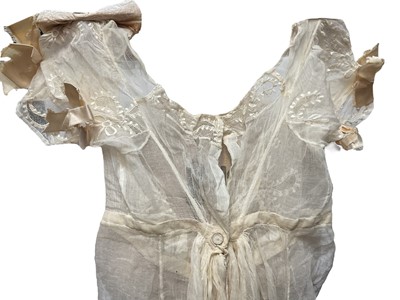 Lot 2051 - Late 18th century embroidered white muslin wedding dress, veil and matching items. Worn by Countess of Mansfield 1797.