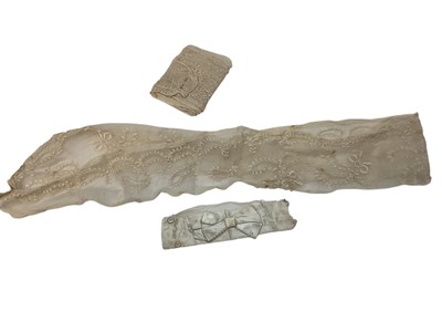 Lot 2051 - Late 18th century embroidered white muslin wedding dress, veil and matching items. Worn by Countess of Mansfield 1797.