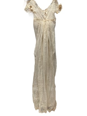 Lot 2051 - Late 18th century embroidered white muslin wedding dress, veil and matching items. Worn by Countess of Mansfield 1797.
