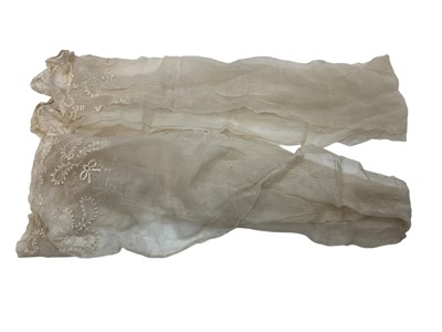 Lot 2051 - Late 18th century embroidered white muslin wedding dress, veil and matching items. Worn by Countess of Mansfield 1797.