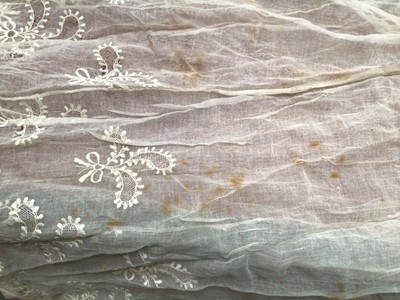 Lot 2051 - Late 18th century embroidered white muslin wedding dress, veil and matching items. Worn by Countess of Mansfield 1797.