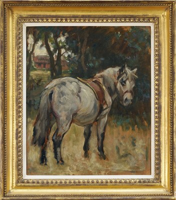 Lot 1264 - Percy Harland Fisher (1867-1944) oil on board - 'The Grey Pony', 34cm x 28cm, exhibition label verso, in gilt frame