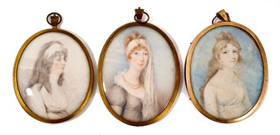 Lot 877 - Three George III portrait miniatures on ivory including one by Charlotte Jones (1768-1847)
