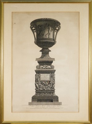 Lot 1399 - Giovanni Battista Piranesi (1720-1778) etching - ancient Roman marble vase and pedestal from Hadrian's villa, pub. Rome 1778, plate 41, 71cm x 35.5cm, in glazed frame