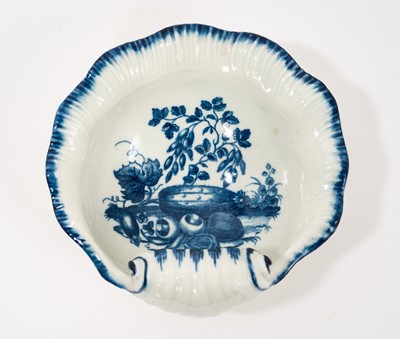 Lot 71 - A rare Worcester shell-shaped sweetmeat dish, circa 1775, printed in the Marrow pattern with marrows, mushrooms, walnuts and foliage, crescent mark to base, 13.5cm wide Provenance: Robert...