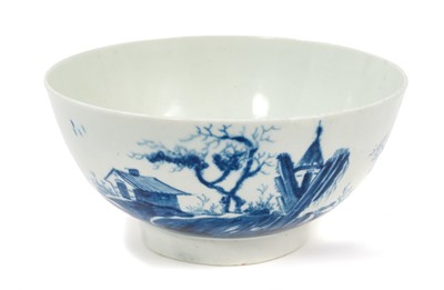 Lot 64 - A rare Worcester blue and white slop bowl, circa 1758, painted in the Gazebo pattern, workman's mark to base, 15.25cm diameter