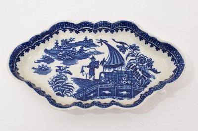 Lot 72 - A Worcester spoon tray, circa 1775-1790, printed in blue with the Fisherman and Cormorant pattern, disguised mark to base, 15.75cm wide
