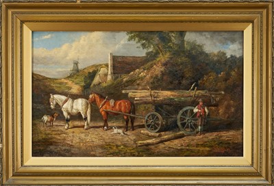 Lot 1308 - Samuel J Clarke (1841-1928), oil on canvas - horse-drawn timber wagon, signed, 30cm x 50cm, in gilt frame